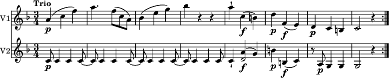 
<<
 \new Staff \with {
 instrumentName = #"V1" }
 \relative c'' {
 \version "2.18.2"
 \clef "treble"
 \key f \major
 \time 3/4
 \tempo "Trio"
   a4\p (c f)
   a4. f8 (c a)
   bes4 (e g)
   bes r4 r4
   a-! c,\f (b)
   d\p f,\f (e)
   d\p c b
   c2 r4 \bar ":|."
}
\new Staff \with {
 instrumentName = #"V2" }
 \relative c'' {
 \clef "treble"
 \key f \major
 \time 3/4
   c,8\p c4 c c8~
   c8 c4 c c8~
   c8 c4 c c8~
   c8 c4 c c8
   c4-! <<{a'\f ^(g)} {d2}>>
   b'4\p b,\f (c)
   r8 a8\p g4 g
   g2 r4 \bar ":|."
 }
>>
