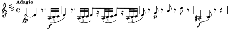 
\relative c' {
 \override Score.NonMusicalPaperColumn #'line-break-permission = ##f
 \version "2.18.2"
 \key d \major
 \tempo "Adagio"
 \tempo 4 = 45
  \override TupletBracket #'direction = #-1
  \override TupletBracket #'stencil = ##f
  d2~\fp d4 r8. \times 2/3 { a32\f( b cis } |
  d4) r8. \times 2/3 { a32( b cis } d8)[ r16 \times 2/3 { a32( b cis] } d8)[ r16
    \times 2/3 { a32( b cis] } |
  d8) r fis\p r a r d r |
  ais,2\f( b8) r r4
}
