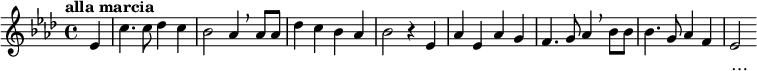 
    \transpose c aes \relative c'
    { \key c \major \time 4/4 \tempo "alla marcia"  \dynamicUp   \partial 4  g4 |  e'4. e8 f4 e | d2 c4 \breathe c8 c | f4 e d c | d2 r4 g, |
      c4 g c b |  a4. b8 c4 \breathe d8 d | d4. b8 c4 a | g2 
    }
    \addlyrics {
      復 旦 復 旦 旦 復 旦
      巍 巍 學 府 文 章 煥
      學 術 獨 立 思 想 自 由
      政 羅 教 網 無 羈 絆…
}
