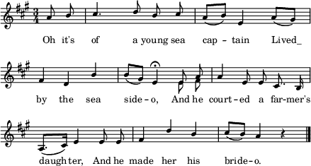 
\new Staff \with{ \magnifyStaff #3/4 } << 
{ \new Voice \relative c' {
  \clef treble \key a \major \time 3/4
  \autoBeamOff \partial 4 a'8 \stemUp b cis4. d8 b cis | a[( b)] e,4 a8[( gis)] | \break
  fis4 d b' b8[( gis)] e4 \fermata e8 a | a4 e8 e cis8. b16 | \break
  a8.[( cis16)] e4 e8 e | fis4 d' b | cis8[( b)] a4 r \bar "|."
} 
\addlyrics { \override LyricText.font-size = #-1 Oh it's of a young sea cap -- tain \markup{Lived_} by the sea side -- o, And he court -- ed a far -- mer's daugh -- ter, And he made her his bride -- o. } }
{ \new Voice \relative c' {
  \clef treble \key a \major \time 3/4
  \autoBeamOff \stemDown s1 | s1 | s1 | e8 fis |
} } 
>>
\layout { \context {\Score \omit BarNumber} line-width = #110 }
