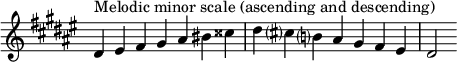  {
\omit Score.TimeSignature \relative c' {
  \key dis \minor \time 7/4 dis^"Melodic minor scale (ascending and descending)" eis fis gis ais bis cisis dis cis? b? ais gis fis eis dis2
} }
