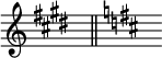 { \omit Score.TimeSignature { \key e \major s8^"" \bar "||" \key d \major s8^""}}