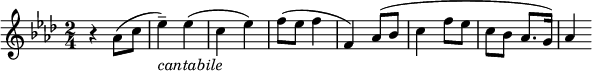 
\header{
   title = "Seventeen Come Sunday"
}
\relative c'' {
  \key f \minor
    \time 2/4 \set Score.tempoHideNote = ##t \tempo 4 = 120
      r4 as8 (c8 es4--_\markup{\italic "cantabile"}) es4 (c4 es4) f8 (es8 f4 f,4) as8 (bes8 c4 f8 es8 c8 bes8 as8. g16) as4
}
  