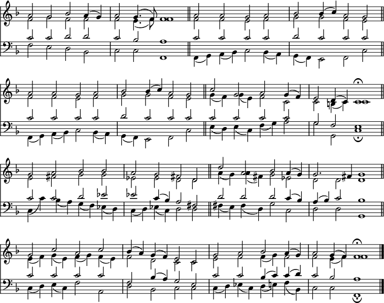 
<< <<
\new Staff { \clef treble \time 4/2 \key f \major \set Staff.midiInstrument = "flute" \omit Staff.TimeSignature  \set Score.tempoHideNote = ##t \override Score.BarNumber  #'transparent = ##t
  \relative c'' 
  << { a2 g bes a4( g) | a2 g4.( f8) f1 \bar"||" a2 a g a | bes bes4( c) a2 g \bar"||"  %78
  a2 a g a | bes bes4( c) a2 g \bar"||" c2 g a g4( f) | e2 d4( c) c1\fermata \bar"||"   %87
  g'2 a bes bes | a g fis d \bar"||" d' a bes a4( g) | g2. fis4 g1 \bar"||"             %87
  g2 c a c | bes4( a) g( f) e2 c | g' a bes a4( g) | a2 g4( f) f1\fermata \bar"|." } \\ %87
  { f2 g f f | f e4.( f8) f1 | f2 f e f | g g f e |
  f2 f e f | g g f e | g4( f) g( e) f2 c | c b4( c) c1 |
  e2 fis g g | es es d d | a'4( g) a( fis) g2 es | d2 d d1 |
  e4( f) g( e) f( g) f( e) | f2 d c c | e2 f f4( g) f2 | f2 e4( f) f1 } >>
}
\new Lyrics \lyricmode {
}
\new Staff { \clef bass \key f \major \omit Staff.TimeSignature \set Staff.midiInstrument = "flute"
  \relative c'
  << { c2 c d d | c bes a1 | c2 c c c | d c c c |
  c2 c c c | d c c c | c c c c | g f e1 |
  c'2 c d es | es c4( bes) a2 fis | d' d d c4( bes) | a( bes) c2 bes1 |
  c2 c c c | f, bes4( a) g2 e | c' c bes4( c) c( d) | c2 bes a1 } \\
  { f2 e d bes | c c f,1 | f4( g) a( bes) c2 bes4( a) | g( f) e2 f c' |
  f,4( g) a( bes) c2 bes4( a) | g( f) e2 f c' | e4( d) e( c) f( g) a2 | g2 g, c1\fermata |
  c4( c') bes( a) g( f) es( d) | c( d) es( c) d2 d | fis4( e) fis( d) g2 c, | d d g,1 |
  c4( d) e( c) f2 a, | d bes c c | c4( d) es( c) d( e) f( bes,) | c2 c f,1\fermata } >>
}
>> >>
\layout { indent = #0 }
\midi { \tempo 2 = 70 }
