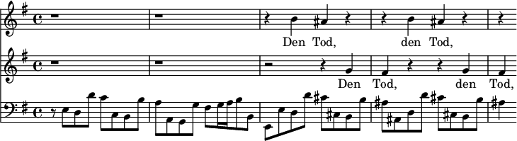 
<< <<
\new Staff { \clef treble \time 4/4 \key e \minor
    \set Staff.midiInstrument = "choir aahs"
    \new Voice = "Sopran" { \relative c'' {
    r1 | r1 | r4 b ais r | r b ais r | r
    } }
}
\new Lyrics {
    \lyricsto "Sopran" {
    Den Tod, den Tod,
    }
}
\new Staff { \clef treble \time 4/4 \key e \minor
    \set Staff.midiInstrument = "choir aahs"
    \new Voice = "Alt" { \relative c'' {
    r1 | r1 | r2 r4 g | fis r r g | fis
    } }
}
\new Lyrics {
    \lyricsto "Alt" {
    Den Tod, den Tod,
    }
}
\new Staff { \clef bass \key e \minor
    \set Staff.midiInstrument = "cello"
    r8 e[ d d'] c'[ c b, b] | a[ a, g, g] fis[ g16 a b8 b,] |
    e,[ e d d'] cis'[ cis b, b] | ais[ ais, d d'] cis'[ cis b, b] | ais4
}
>> >>
\layout { indent = #0 }
\midi { \tempo 4 = 56 }
