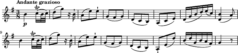 
\relative c'' {
 \version "2.18.2"
 \key g \major 
 \time 3/8
 \tempo "Andante grazioso"
   b4\p c16\trill (b32 c)
   d8 (g) r16 b,16-!
   a8 (e') e-!
   g, (fis g)
   d (c b)
   a (c e)
   d16 (g b d) e (c)
   <d, b'>4 (a'8)
   b4 c16\trill (b32 c)
   d8 (g) r16 b,16-!
   a8 (e') e-!
   g, (fis g)
   d (c b)
   a-! e' ( d')
   b16 (d g, b a fis)
   g4 r8
}
