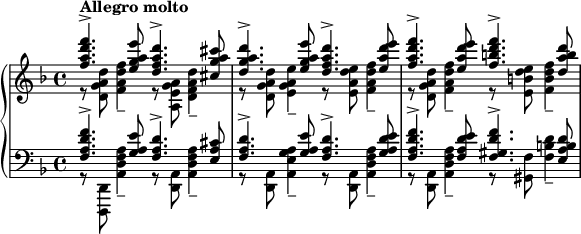 \version "2.14.1"
\layout {
	#(layout-set-staff-size 16)
}
\relative c'' {
	\new PianoStaff <<
		\new Staff {
			\key f \major
			<<
				{ <f a d f>4.^\markup{\bold{Allegro molto}}-> <e g a e'>8
				<d f a d>4.-> <cis g' a cis>8
				<d g a d>4.-> <e g a e'>8
				<d f a d>4.-> <e a d e>8
				<f a d f>4.-> <e a d e>8
				<f b d f>4.-> <d a' b d>8 }
				\\
				{ r8 <d, g a d> <f a d f>4--
				r8 <a, e' g a> <d f a d>4--
				r8 <d g a d> <e g a e'>4--
				r8 <e a d e> <f a d f>4--
				r8 <d g a d> <f a d f>4--
				r8 <e b' d e> <f b d f>4-- }
			>>
		}
		\new Staff {
			\key f \major
			\clef bass
			<<
				{ <f, a d f>4.-> <g a e'>8
				<f a d>4.-> <e a cis>8
				<f a d>4.-> <g a e'>8
				<f a d>4.-> <g a d e>8
				<f a d f>4.-> <f a d e>8
				<f gis d' f>4.-> <e a b d>8 }
				\\
				{ r8 <d,, d'> <a'' d f a>4--
				r8 <d, a'> <a' d f a>4--
				r8 <d, a'> <a' e' g a>4--
				r8 <d, a'> <a' d f a>4--
				r8 <d, a'> <a' d f a>4--
				r8 <gis f'> <f' b d>4-- }
			>>
		}
	>>
}