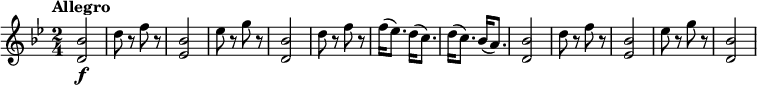 
\relative c'' {
 \version "2.18.2"
 \clef "treble"
 \tempo "Allegro"
 \key bes \major
 \time 2/4
   <d, bes'>2\f
   d'8 r8 f8 r8
   <ees, bes'>2
   ees'8 r8 g8 r8
   <d, bes'>2
   d'8 r8 f8 r8
   f16 (ees8.) d16 (c8.)
   d16 (c8.) bes16 (a8.)
   <d, bes'>2
   d'8 r8 f8 r8
   <ees, bes'>2
   ees'8 r8 g8 r8
   <d, bes'>2
}
