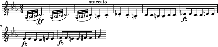 
\layout { ragged-right = ##t }
\relative g { \key c \minor \time 3/4
\appoggiatura { g32 a b } c2. \ff | \appoggiatura { g32 a b } c2. |
\appoggiatura { g32 a b } c4-. ^"staccato" b!-. c-. | des4-. c-. b-.
c8 c b b c c | des8 \fz des c c d d | es8 \fz es d d e e | f8 \fz f e e fis fis | g4
} 