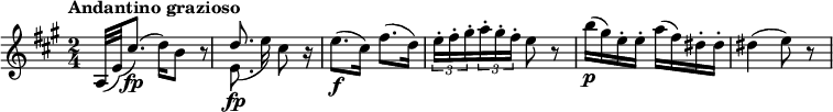 
\relative c'' {
 \key a \major
 \time 2/4
 \tempo "Andantino grazioso" 
 \grace (a,32 e'32) (cis'8.)\fp  (d16) b8 r8
  << { d8.\fp} \\{e,8._(e'16)}>> cis8 r16
  e8.\f (cis16) fis8. (d16)
  \tuplet 3/2 {e16-. fis-. gis-. } \tuplet 3/2 {a-. gis-. fis-. } e8 r8
  b'16\p (gis) e-. e-. a (fis) dis-. dis-.
  dis4 (e8) r8
}
