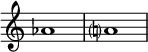  {

\override Score.TimeSignature
#'stencil = ##f
    \relative c'' {
        \time 4/4
        aes1 a?
    }  }
