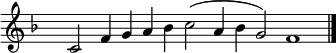 
{ \key f \major 
\set Score.tempoHideNote = ##t
\tempo 2=72
\set Staff.midiInstrument = "english horn"
\override Score.TimeSignature #'transparent = ##t 
\override Score.BarNumber  #'transparent = ##t
\time 8/2 
c'2 f'4 g' a' bes' c''2(a'4 bes' g'2) f'1
\bar "|."}
