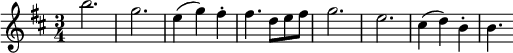 
\relative c''' {
  \key b \minor
  \time 3/4
  \clef treble
  \tempo 2. = 64
  \set Score.tempoHideNote = ##t
  \set Staff.midiInstrument = "violin"
  \set Score.currentBarNumber = #1
  \bar ""
  b2. g e4( g) fis-. fis4. d8 e fis g2. e cis4( d) b-. b4. 
}
