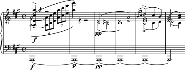 
	\new PianoStaff <<
		\new Staff = "r" <<
			\clef "violin"
			\key a \major
			\new Voice {
				\voiceOne
				\relative {
					< a e' cis' a' >4\f\accent r r2
					s1
					e'2( dis
					e2 < e a >)
					<< { \grace { b'16( cis } d2\accent )( cis4 b) } \\ gis1 e >>
					<< e2. { <gis b>2( <a cis>4) } >>
				}
			}
			\new Voice {
				\voiceTwo
				\relative {
					<a~ a'~>2^(_( \tuplet 3/2 { <a a'>8 <cis cis'> <e e'> } \tuplet 3/2 { < a a'> <cis cis'> <e e'> }
					<a a'>4)) r r2
					cis,,2\pp( b
					cis1)
					b2\accent( cis4 d)
					d2( cis4)
				}
			}
		>>
		\new Staff = "l" <<
			\clef "bass"
			\key a \major
			\new Voice {
				\relative { a,,1\f( a\p)( a\pp) ( a) ( a) ( a2.) }
			}
		>>
	>>
