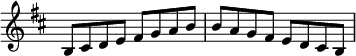 \new Staff \with {\remove "Time_signature_engraver"} {\key b \minor \set Score.tempoHideNote = ##t \tempo 8 = 120
b8    cis'8    d'8    e'8    fis'8    g'8    a'8    b'8
b'8    a'8    g'8    fis'8    e'8    d'8    cis'8    b8 }