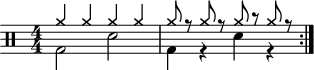 \version "2.22.0"
\header { tagline = ##f}
\score {
  \drums \with {midiInstrument = "drums"}
  \with { \numericTimeSignature }
  {
    \repeat volta 2 {
      <<{cymra4 cymra cymra cymra}\\{bd2 sne2}>>
      <<{cymra8 r cymra r cymra r cymra r}\\{bd4 r sne4 r}>>\break
    }
  }
  \layout {}
}

\score {
  \unfoldRepeats {
    \drums \with {midiInstrument = "drums"}{
      \repeat volta 2 {
        <<{cymra4 cymra cymra cymra}\\{bd2 sne2}>>
        <<{cymra8 r cymra r cymra r cymra r}\\{bd4 r sne4 r}>>\break
      }
    }
  }
  \midi { \tempo  4 = 100 }
}