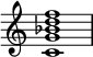 

{
\override Score.TimeSignature #'stencil = ##f
\relative c' {
   \clef treble 
   \time 4/4
   \key c \major
   <c g' bes d f>1
} }
