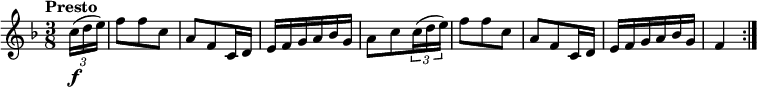 
\relative c'' {
 \version "2.18.2"
 \key f \major
 \time 3/8
 \tempo "Presto"
 \tempo 4 = 130
   \partial 8 \tuplet 3/2 { c16 \f (d e )} f8 f c a f c16 d
   e f g a bes g
   a8 c \tuplet 3/2 { c16 (d e )} f8 f c a f c16 d
   e f g a bes g
   f4 \bar ":|."
}
