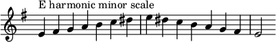  {
\override Score.TimeSignature #'stencil = ##f
\relative c' {
  \clef treble \key e \minor \time 7/4
  e4^\markup "E harmonic minor scale" fis g a b c dis e dis c b a g fis e2
} }
