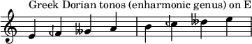  {
\override Score.TimeSignature #'stencil = ##f
\relative c' { 
  \clef treble \time 4/4
  e4^\markup { Greek Dorian tonos (enharmonic genus) on E } feh geses a b ceh deses e

} }
