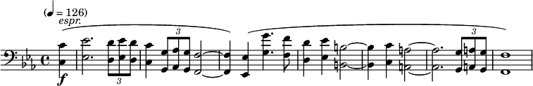  \new Staff \relative c {
  \clef bass \time 4/4 \key c \minor \tempo "" 4=126 \partial 4 \set Staff.midiInstrument = #"trombone"
  <c c'>4-\f^\markup{\italic "espr."} (<ees ees'>2. \times 2/3 {<d d'>8 <ees ees'> <d d'>} <c c'>4 \times 2/3 {<g g'>8 <aes aes'> <g g'>} <f f'>2~q4) <ees ees'>4 (<g' g'>4. <f f'>8 <d d'>4 <ees ees'> <b b'>2~q4 <c c'>4 <a a'>2~q2.
  \times 2/3 { <g g'>8 <a a'> <g g'> } <f f'>1 )
} 