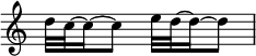  {
\override Score.TimeSignature #'stencil = ##f
    \relative c'' {
        \time 2/4
        d32 c32~ c16~ c8  e32 d32~ d16~ d8
    }
}
