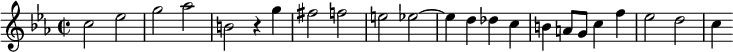 
\relative c'{
 \clef treble
 \key c \minor
 \time 2/2
 \set Staff.midiInstrument = "harpsichord"
    c'2 ees      | % 1
    g aes        | % 2
    b, r4 g'     | % 3
    fis2 f       | % 4
    e ees~       | % 5
    ees4 d des c | % 6
    b a8 g c4 f  | % 7
    ees2 d \bar "|"  | % 8
    c4
}