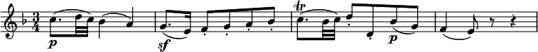  { \relative c'' { \key f \major \time 3/4
c8.( \p d32 c) bes4( a) | g8.( \sf e16) f8-. g-. a-. bes-. | c8.( \trill bes32 c) d8-. d,-. bes'( \p g) |
f4( e8) r r4 }} 