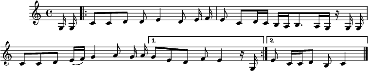 
L:1/8
M:4/4
G,/G,/
|: CCDD E2 DE/F/ | EC D/C/B,/A,/ B,>A,G,/z/ G,/G,/
|CCD(E/F/) G2 AG/A/ |1| GEDF E2 z/G,/ :|2 EC/C/ DB, C2|]

