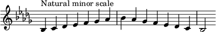  {
\override Score.TimeSignature #'stencil = ##f
\relative c' {
  \clef treble \key bes \minor \time 7/4
  bes4^\markup { Natural minor scale } c des es f ges aes bes aes ges f es des c bes2
} }

