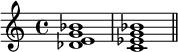  {
    \relative c' {
        \time 4/4
        <des e g bes>1 <c es g bes> \bar "||"
    }
}
