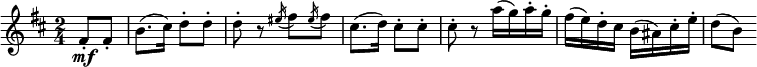 
\relative fis' {
\key b \minor \time 2/4
\partial 4 fis8-. \mf fis-. | b8.( cis16) d8-. d-.
d8-. r \acciaccatura eis16 fis8 \acciaccatura eis16 fis8
cis8.( d16) cis8-. cis-. | cis8-. r a'16( g) a-. g-.
fis16( e) d-. cis b( ais) cis-. e-. | d8( b)
} 