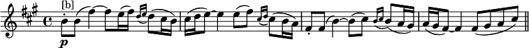 \relative c'''{\key a \major \time 4/4 b,8-.\p^"[b]" b( fis'4)~fis8 e16( fis) \appoggiatura {d16[e]} d8( cis16 b) cis( d e8~)e4 e8( fis) \appoggiatura{cis16[d]} cis8( b16 a) fis8-. fis( b4~) b8( cis) \appoggiatura{b16[cis]} b8( a16 gis) a( gis fis8~)fis4 fis8 (gis a cis) \bar "||"}\layout{\context{\Score
\override NonMusicalPaperColumn.line-break-permission = ##f
\override NonMusicalPaperColumn.page-break-permission = ##f}}