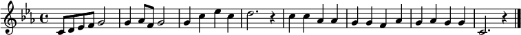 
 \relative c' {
  \new PianoStaff <<
   \new Staff { \key c \minor
   c8 d es f g2 | g4 aes8 f g2 | g4 c es c | d2. r4 |
   c4 c aes aes | g g f aes | g aes g g | c,2. r4 \bar "|."
   }
   \addlyrics {
   あ か い く つ は い て た お ん な の こ
   い じん さん に つ れら れ て い っ ちゃ っ た
   }
  >>
 }
