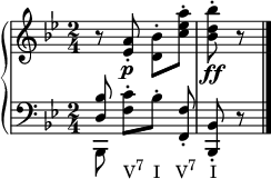 
    {
      \override Score.SpacingSpanner.strict-note-spacing = ##t
  \set Score.proportionalNotationDuration = #(ly:make-moment 1/12)
      \new PianoStaff <<
        \new Staff <<
            \relative c' {
                \clef treble \key bes \major \time 2/4
                r8 <es a>-.\p <d bes'>-.[ <c' es a>-.] <bes d bes'>-.\ff r
                }
            >>
        \new Staff <<
            \new Voice \relative c {
                \clef bass \key bes \major \time 2/4
                \stemUp <d bes'>8 \stemNeutral <f c'>-.[_\markup { \concat { "V" \raise #1 \small "7" \hspace #1.2 "I" \hspace #2 "V" \raise #1 \small "7" \hspace #1.7 "I" } }
                bes-.] <f, f'>-. <bes, bes'>-. r \bar "|."
                }
            \new Voice \relative c, {
                \clef bass \key bes \major \time 2/4
                \stemDown bes8
                }
            >>
    >> }
