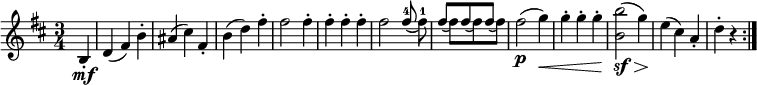  { \relative b { \key b \minor \time 3/4
\partial 4 b4-. \mf | d4( fis) b-. | ais4( cis) fis,-. | b4( d) fis-. | fis2 fis4-. | fis4-. fis-. fis-. |
fis2 << { \voiceOne \slurDown fis8^4( s) | fis8[( s) fis( s) fis]( s) }
      \new Voice { \voiceTwo s fis8^1 | s8 fis[ s fis s fis]} >> \oneVoice | fis2( \p g4) \< |
g4-. g-. g-. | <b b,>2( \sf \> g4) \! | e4( cis) a-. | d4-. r \bar ":|." }}
\layout { \context {\Score \override SpacingSpanner.common-shortest-duration = #(ly:make-moment 1/4) }} 