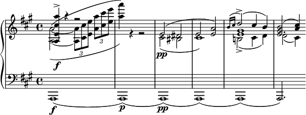 \new PianoStaff <<
		\new Staff = "r" <<
			\clef "violin"
			\key a \major
			\new Voice {
				\voiceOne
				\relative {
					< a e' cis' a' >4\f\accent r r2
					s1
					e'2( dis
					e2 < e a >)
					<< { \grace { b'16( cis } d2\accent )( cis4 b) } \\ gis1 e >>
					<< e2. { <gis b>2( <a cis>4) } >>
				}
			}
			\new Voice {
				\voiceTwo
				\relative {
					<a~ a'~>2^(_( \tuplet 3/2 { <a a'>8 <cis cis'> <e e'> } \tuplet 3/2 { < a a'> <cis cis'> <e e'> }
					<a a'>4)) r r2
					cis,,2\pp( bis
					cis1)
					b!2\accent( cis4 d)
					d2( cis4)
				}
			}
		>>
		\new Staff = "l" <<
			\clef "bass"
			\key a \major
			\new Voice {
				\relative { a,,1\f( a\p)( a\pp) ( a) ( a) ( a2.) }
			}
		>>
	>>