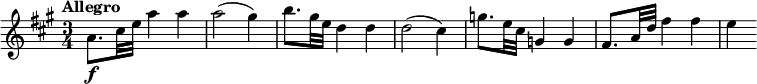 
\relative c'' {
  \override Score.NonMusicalPaperColumn #'line-break-permission = ##f
  \tempo "Allegro"
  \key a \major
  \time 3/4
  a8.\f cis32 e a4 a |
  a2( gis4) |
  b8. gis32 e d4 d |
  d2( cis4) |
  g'8. e32 cis g4 g |
  fis8. a32 d fis4 fis |
  e4
}
