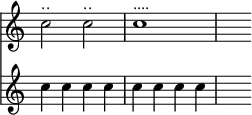 
\relative c'' << { \override Score.TimeSignature #'stencil = ##f } \time 4/4 \new staff { c2^\markup { .. } c2^\markup { .. } | c1^\markup { .... } | s2 } \new staff { c4 c c c | c c c c | s2 } >>
