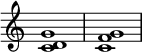 

{
\override Score.TimeSignature #'stencil = ##f
\relative c' {
   \clef treble 
   \time 4/4
   \key c \major
   <c d g>1
   <c f g>1
} }
