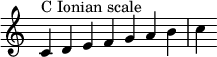  {
\override Score.TimeSignature #'stencil = ##f
\relative c' {
  \clef treble \time 7/4
  c4^\markup { C Ionian scale } d e f g a b c
} }
