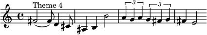 \relative c' { 

fis2^"Theme 4"( fis8) d4 cis8 ais4 b b'2 \times2/3 { a4 g a }\times2/3 { g4 fis g } fis e2
} 