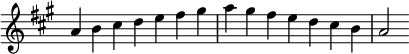   {
\override Score.TimeSignature #'stencil = ##f
\relative c'' {
  \clef treble \key a \major \time 7/4 a4 b cis d e fis gis a gis fis e d cis b a2
} }
