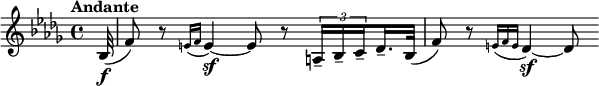 
\relative c' {
  \tempo "Andante"
  \set Score.tempoHideNote = ##t \tempo 4 = 56
  \key bes \minor
  \clef treble
  \bar ""
  \time 4/4
  \partial32 bes32\f( f'8) r \grace {e16() f} e4~\sf) 
  e8 r \tuplet 3/2 {a,16-- bes-- \set stemRightBeamCount = 1 c--} \set stemLeftBeamCount = 1  des16.-- bes32(
  f'8) r \grace {e16( f e} des4~\sf)
  des8
}
