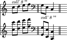 
<< { \override Score.TimeSignature #'stencil = ##f } \time 2/4 \new Staff { c''8^\markup { \smaller { \italic "coll' 8" \super \italic "va" } } d'' e'' f'' \bar "||" \clef bass g_\markup { \smaller { \italic "coll' 8" \super \italic "va" } } e c4 \bar "||" s4 } \new Staff { <c'' c'''>8 <d'' d'''> <e'' e'''> <f'' f'''> | \clef bass <g g,> <e e,> <c c,>4 | s4 } >>
