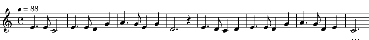 
\relative c'{
      \key c \major \time 4/4 \tempo 4 = 88
      e4. e8 c2 | e4. e8 d4 g | a4. g8 e4 g | d2. r4 |
      e4. d8 c4 d | e4. e8 d4 g | a4. g8 d4 e | c2. 
}
    \addlyrics {
      人 人 人 代 謝 靡 盡 先 後 覺 新 民
      可 能 可 能 陶 冶 精 神 道 德 潤 心 身…
}
