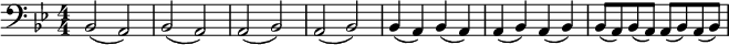  \relative c { \set Staff.midiInstrument = #"trombone" \clef bass \key bes \major \numericTimeSignature \time 4/4 | bes2( a~) | bes2( a) | a2( bes~) | a2( bes) | bes4( a~) | bes4( a) | a4( bes~) | a4( bes) | bes8( a~) | bes8( a) | a8( bes~) | a8( bes~)| } 