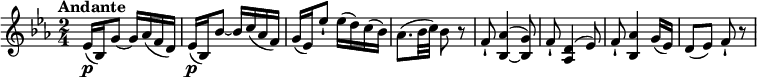 
\relative c'' {
 \version "2.18.2"
 \key ees \major
 \time 2/4
 \tempo "Andante"
   ees,16\p (bes) g'8~ g16 aes (f d)
   ees16\p (bes) bes'8~ bes16 c (aes f)
   g (ees) ees'8-! ees16 (d) c (bes)
   aes8. (bes32 c) bes8 r8
   f-! << {bes,4  ~ bes8} { aes'4 ^ (g8)} >>
   f8-! <aes, d>4 ^(ees'8)
   f8-! <bes, aes'>4 g'16 (ees)
   d8 (ees) f-! r8
  }
