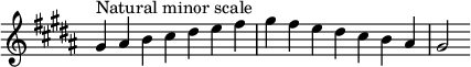  {
\override Score.TimeSignature #'stencil = ##f
\relative c'' {
  \clef treble \key gis \minor \time 7/4
  gis4^\markup "Natural minor scale" ais b cis dis e fis gis fis e dis cis b ais gis2
} }
