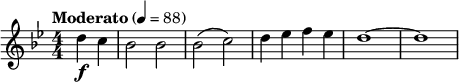  \relative c'' { \key bes \major \numericTimeSignature \time 4/4 \tempo "Moderato" 4=88 \clef treble \partial 4*2 d4\f c | bes2 bes | bes( c) | d4 ees f ees | d1~ | d } 